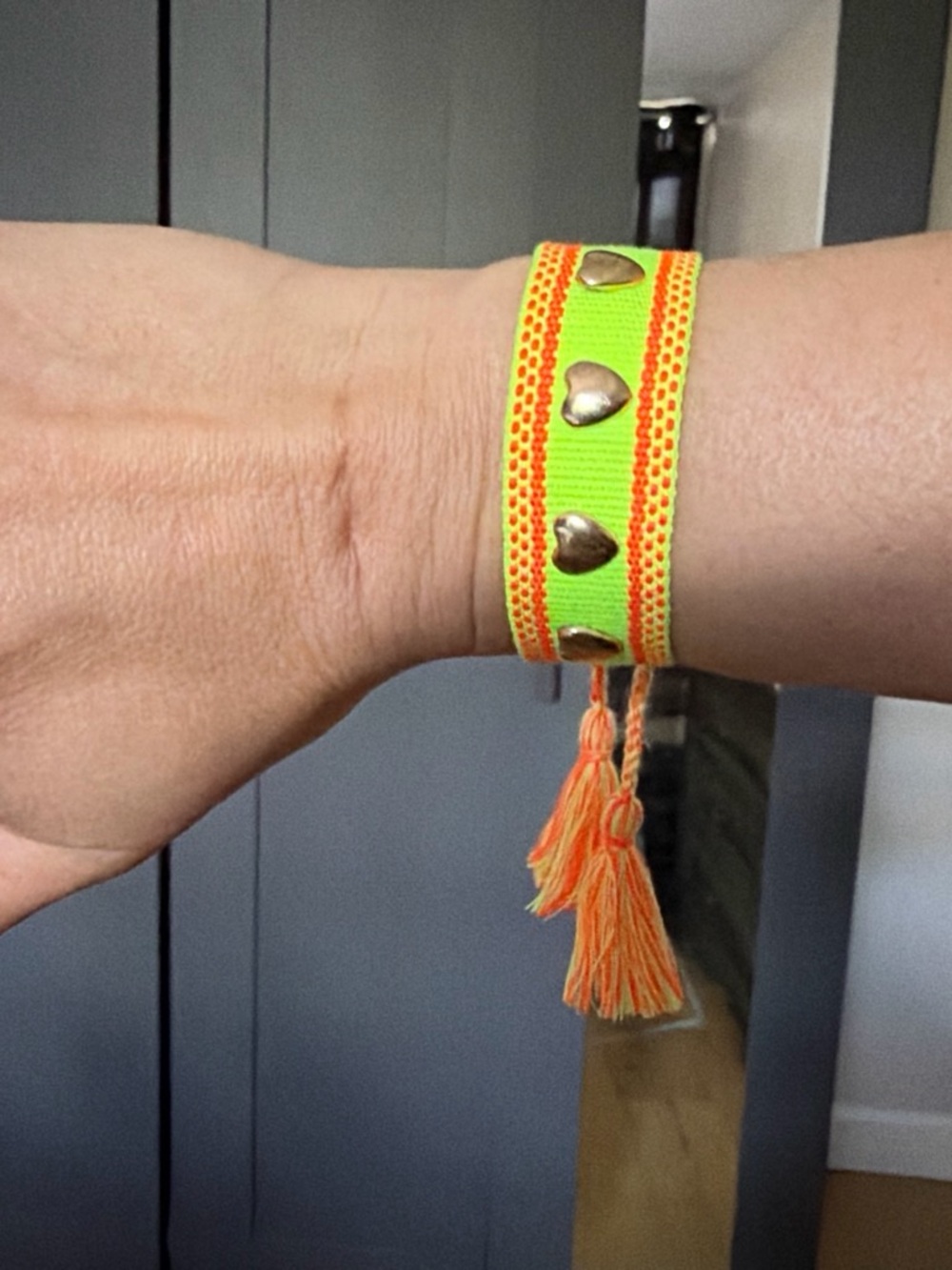 Neon Green & Orange Heart Tassel Bracelet - Women's Accessory
